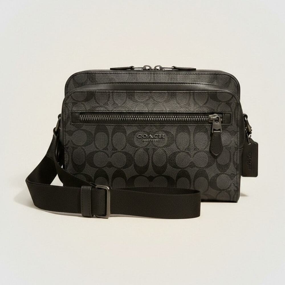 Authentic COACH 91485 West Camera Bag Signature Canvas Charcoal Black Crossbody